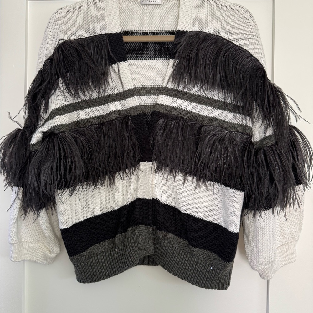 Brunello Cucinelli Black and White Ostrich Cardigan